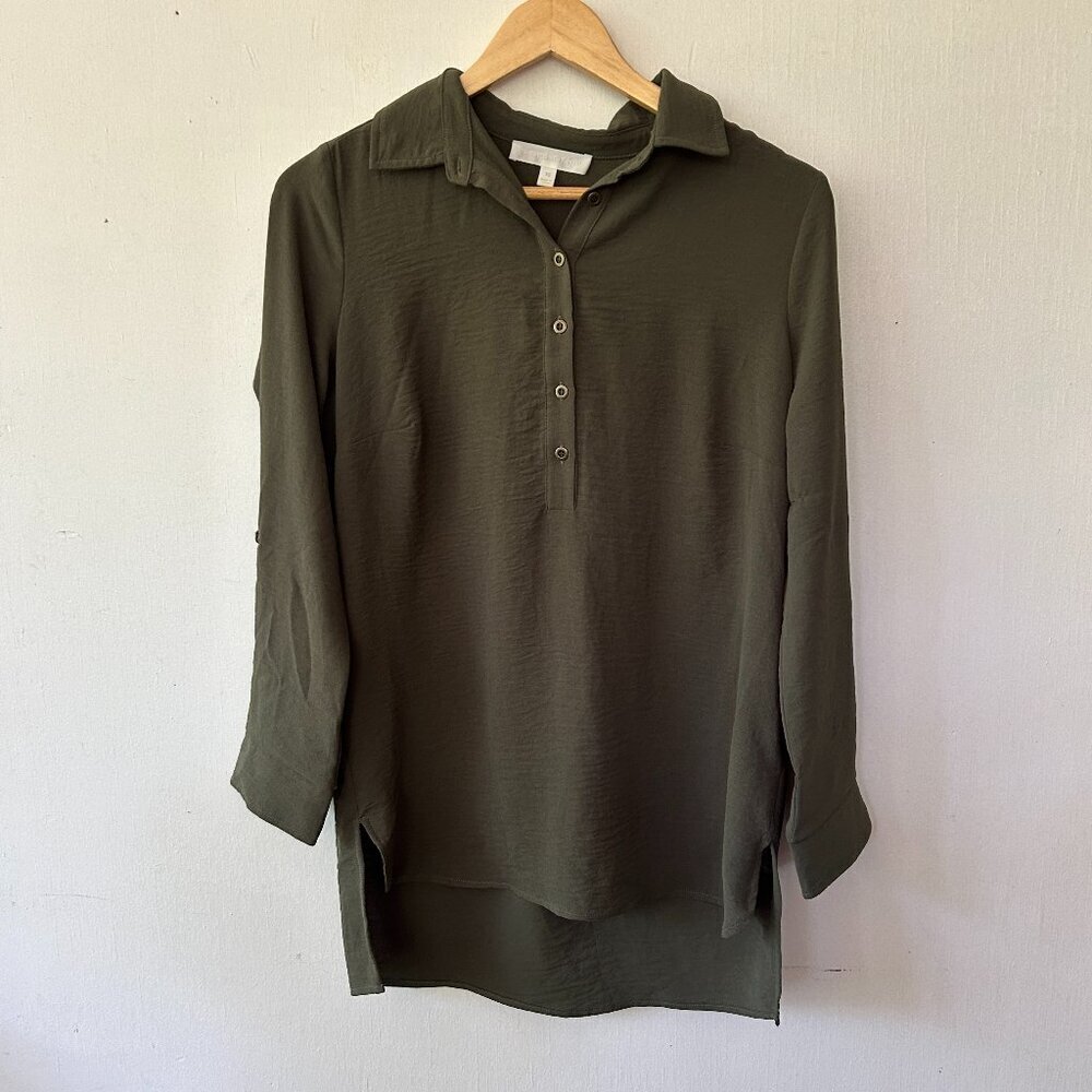 Adyson Parker‎ Blouse Womens XS Green Collared 1/4 Button Popover Oversized